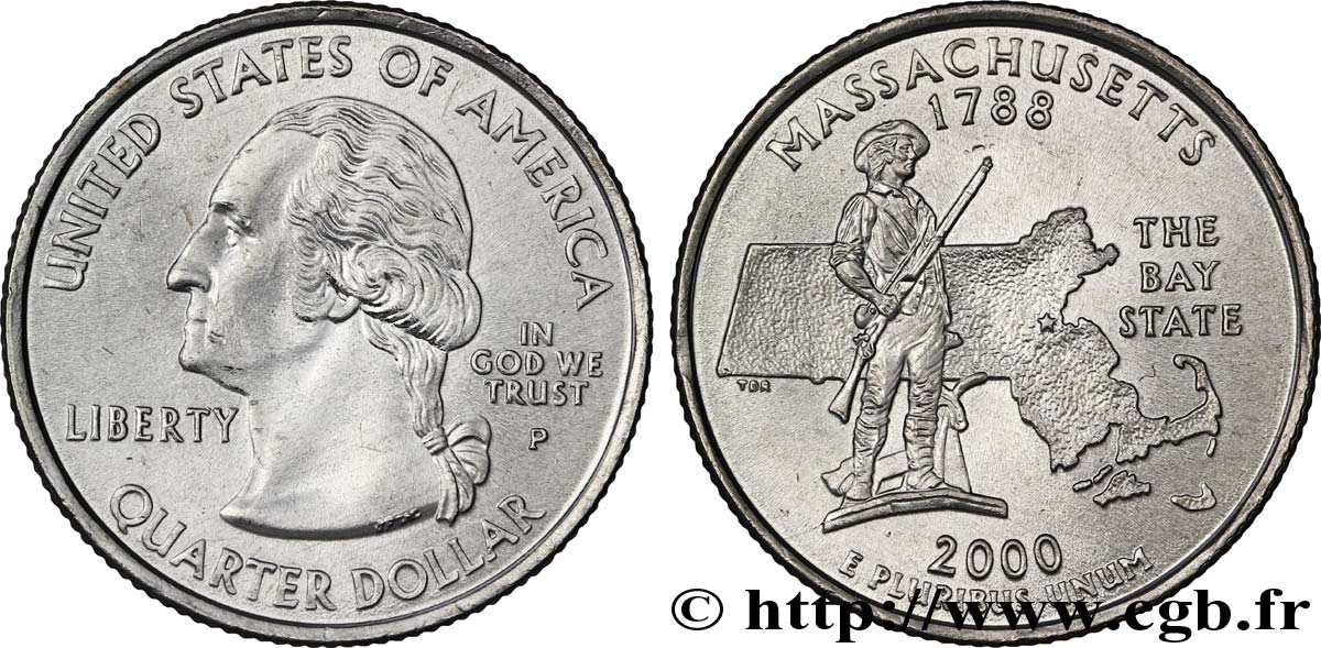 ÉTATS-UNIS D AMÉRIQUE 1/4 Dollar Massachusetts : statue du “Minuteman” du National Historical Park de Concord et carte de l’état 2000 Philadelphie SPL 