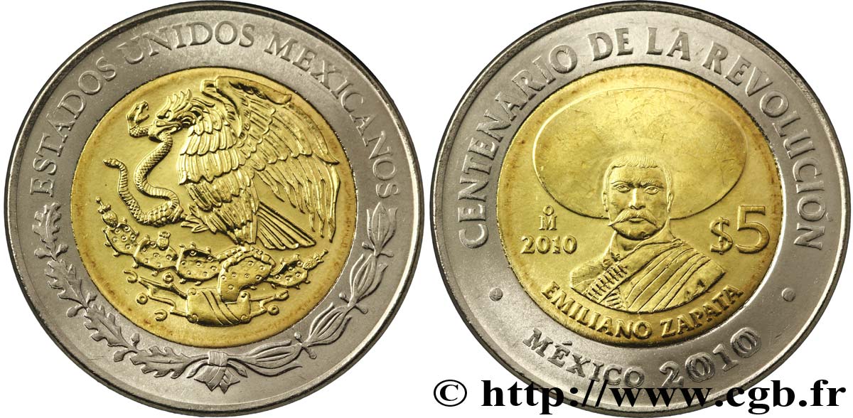 MEXIQUE 5 Pesos Centenaire de la Révolution : aigle / Emiliano Zapata 2010 Mexico SPL 