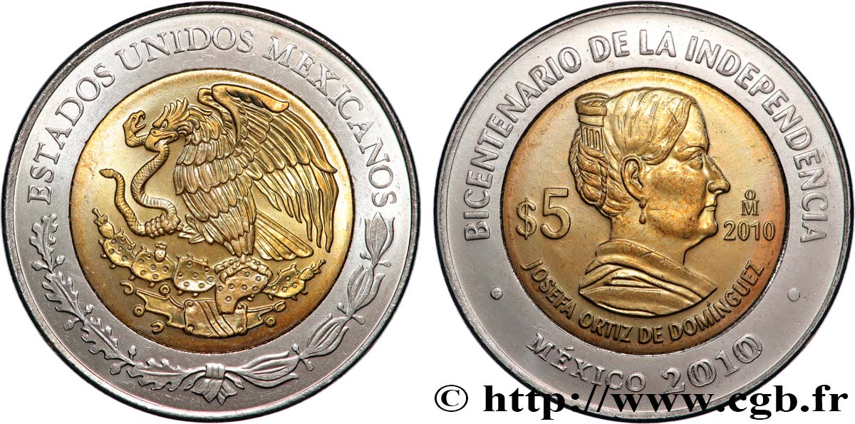 MEXIKO 5 Pesos Bicentenaire de l’Indépendance : aigle / Josefa Ortiz de Domínguez 2010 Mexico fST 