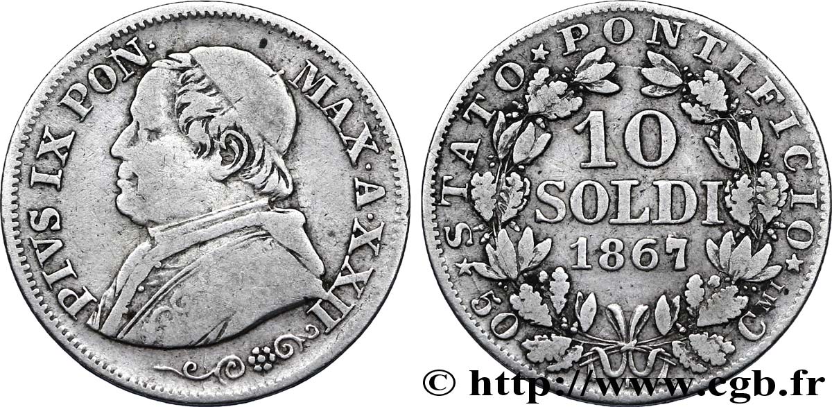 VATICAN ET ÉTATS PONTIFICAUX 10 Soldi (50 Centesimi) Pie IX an XXII 1867 Rome TB 