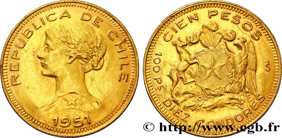 CHILI 100 Pesos or ou 10 condores en or, 2e type buste de la République / écu  1951 Santiago - S° TTB 