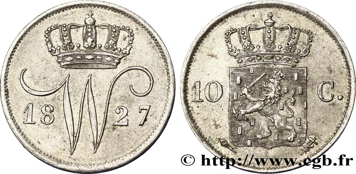 NIEDERLANDE 10 Cents emblème monogramme de Guillaume Ier 1827 Utrecht VZ 