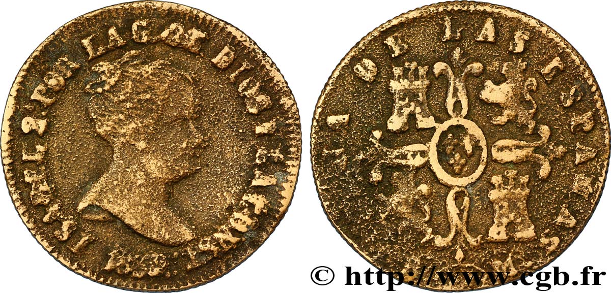 SPAIN 8 Maravedis Isabelle II type métal de cloche 1837 Pampelune VF 