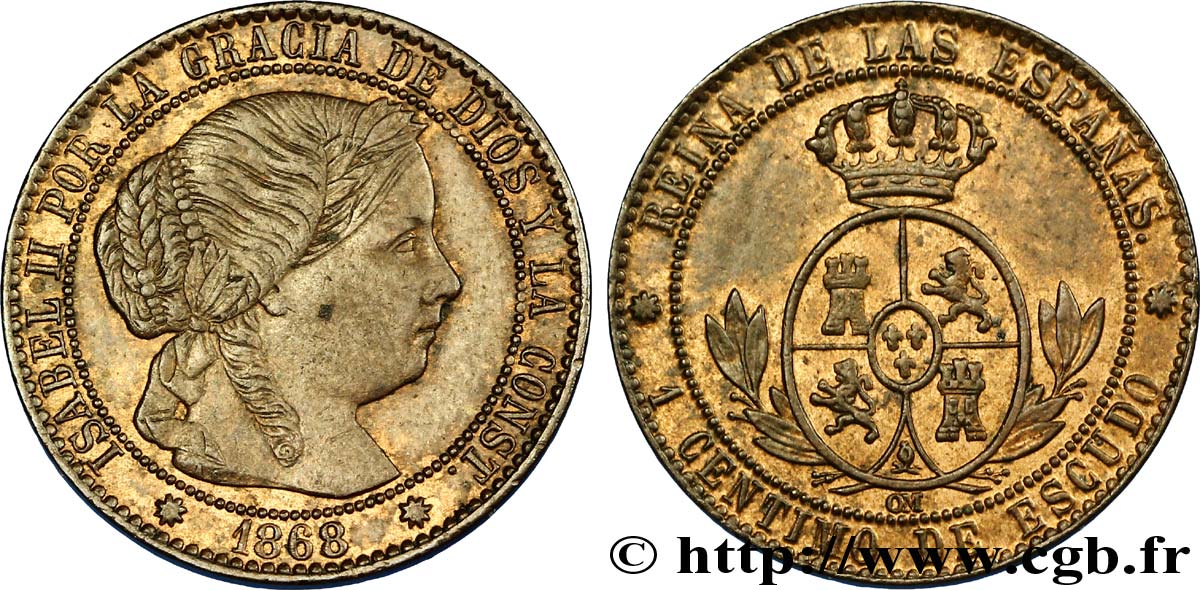 ESPAGNE 1 Centimo de Escudo Isabelle II / écu couronné 1868 Barcelone SUP 