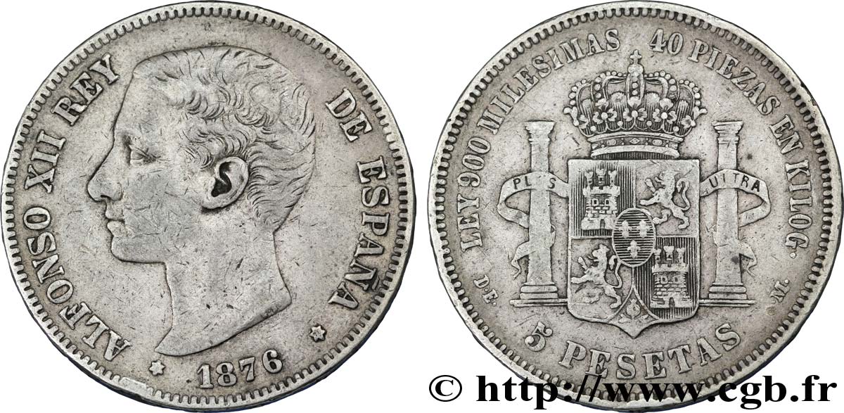 SPANIEN 5 Pesetas Alphonse XII 1876 Madrid fSS 