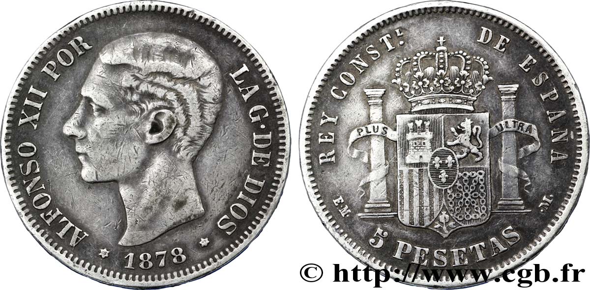 ESPAGNE 5 Pesetas Alphonse XII / emblème couronné (1878) E.M. - .M. 1878 Madrid TTB 