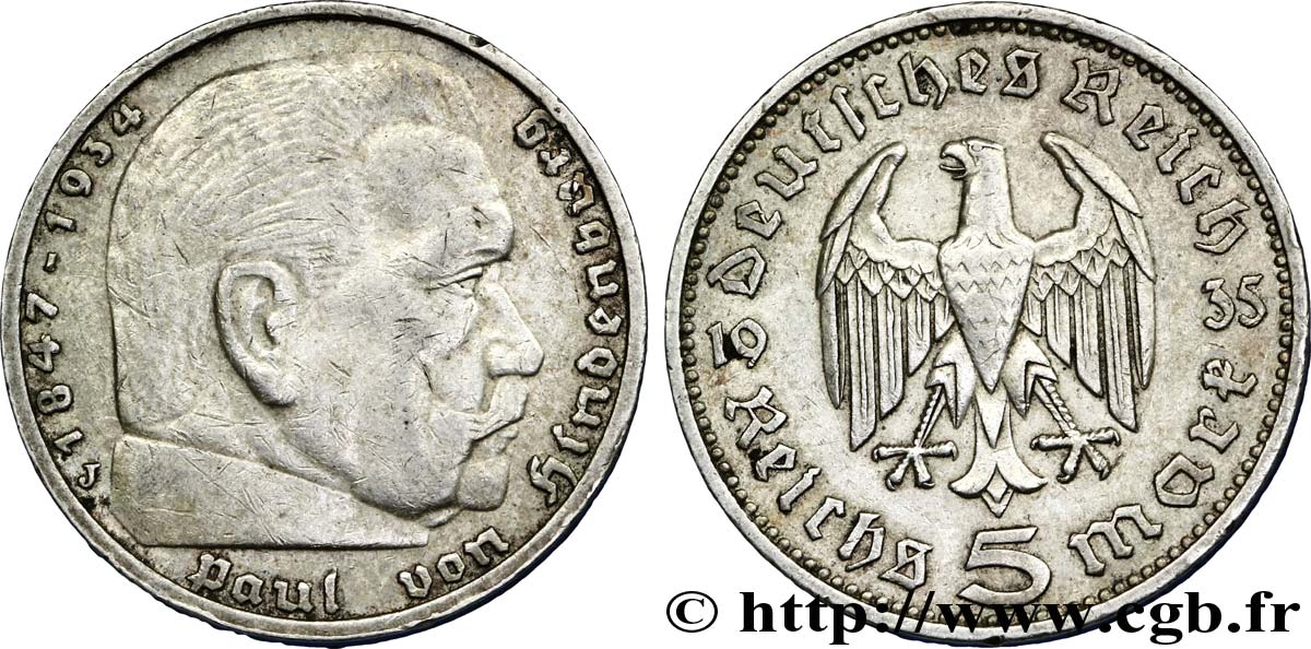 ALLEMAGNE 5 Reichsmark Maréchal Paul von Hindenburg 1935 Hambourg - J TTB+ 