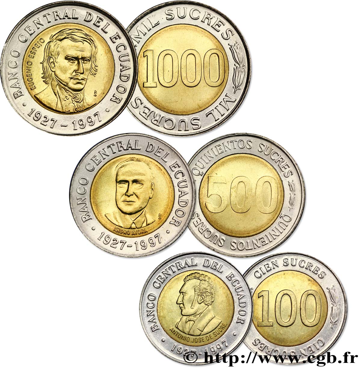 ECUADOR 100, 500 et 1000 Sucres 70e anniversaire de la banque centrale 1997  MS 