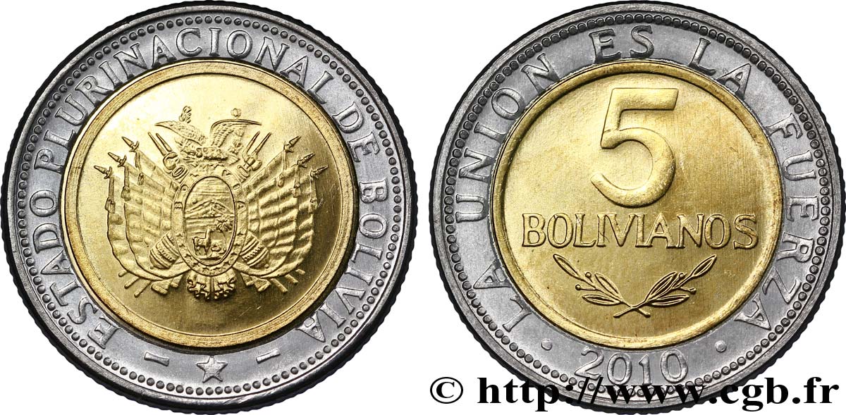 BOLIVIE 5 Bolivianos emblème 2010  SPL 