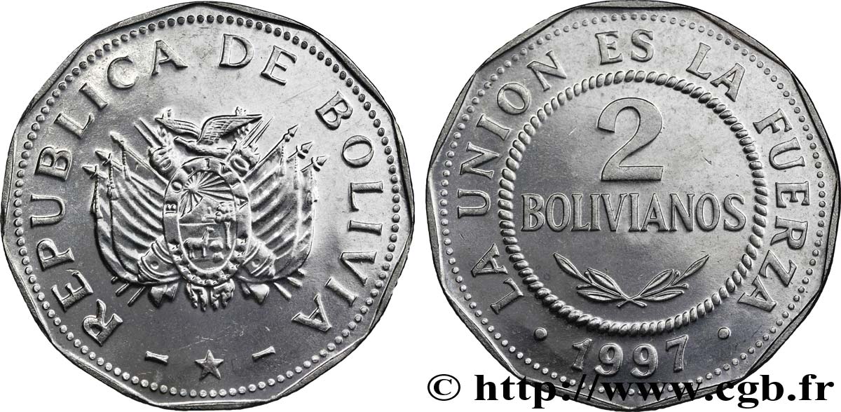 BOLIVIE 2 Bolivianos emblème 1997  SPL 