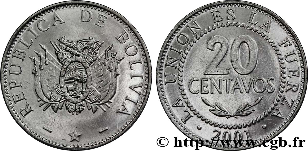 BOLIVIE 20 Centavos emblème 2001  SPL 