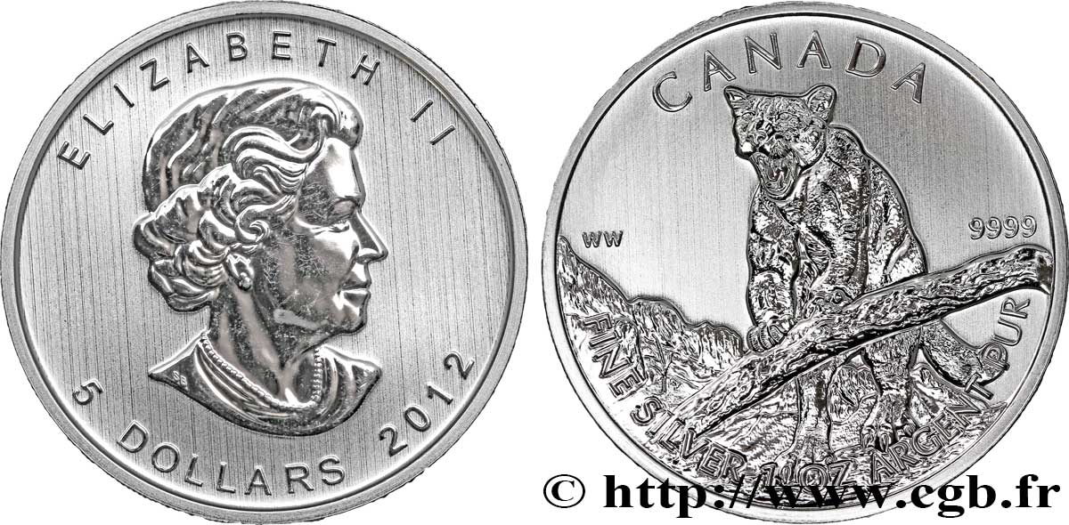 CANADA 5 Dollars (1 once) Proof Elisabeth II / cougar 2012  FDC 