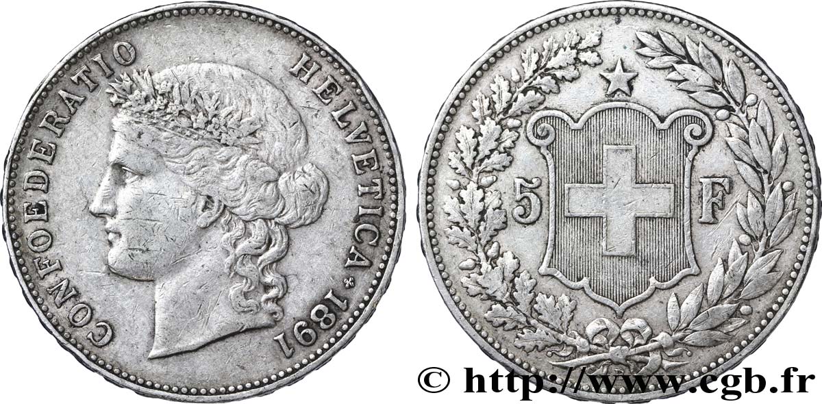 SUISSE 5 Francs Helvetia buste 1891 Berne - B TB+ 