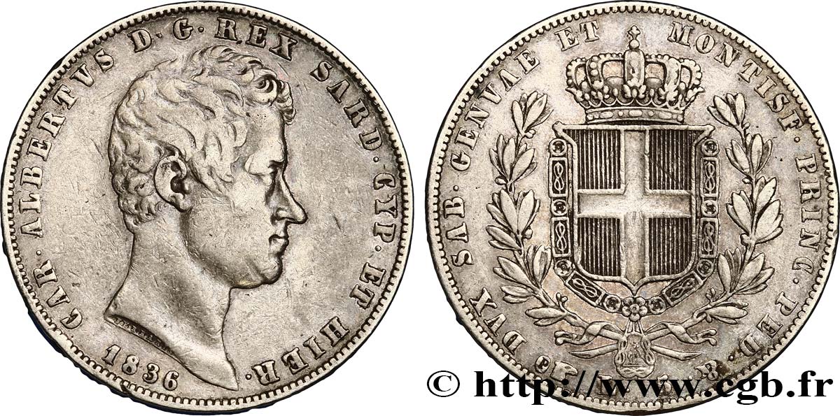 ITALY - KINGDOM OF SARDINIA 5 Lire Charles Albert 1836 Turin XF 