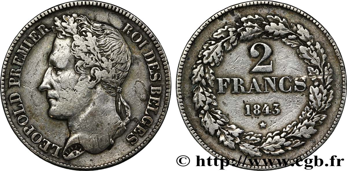 BELGIQUE 2 Francs Léopold Ier tête laurée tranche position A légende de tranche inclinée vers la gauche 1843  TTB 