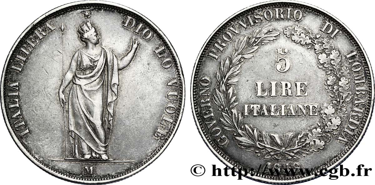ITALIE - LOMBARDIE 5 Lire Gouvernement provisoire de Lombardie 1848 Milan TTB+ 