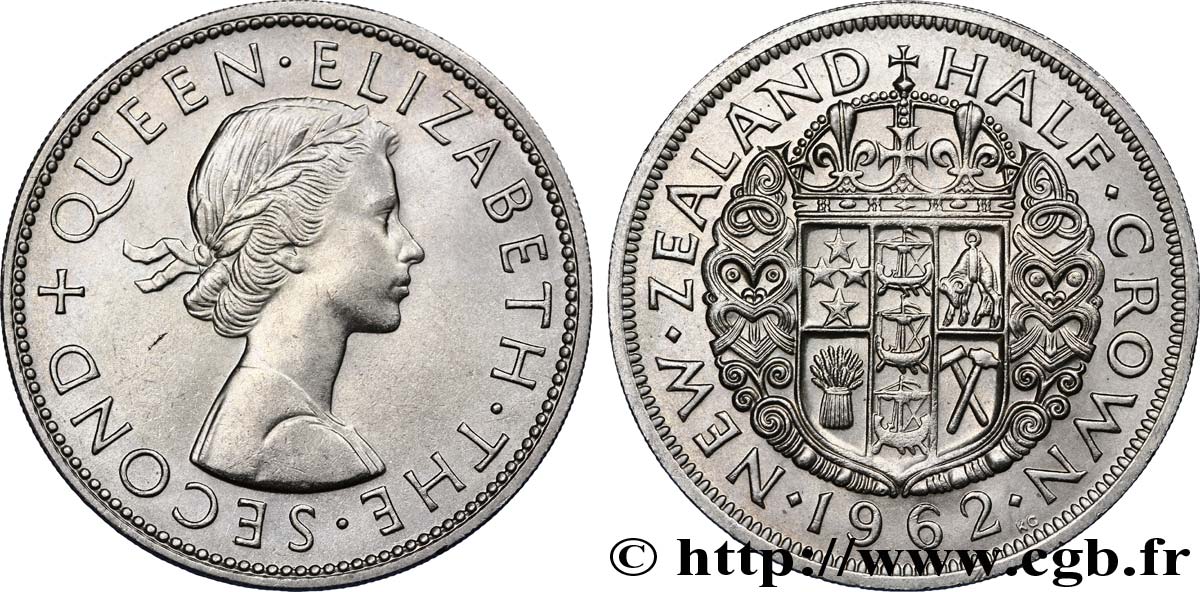 NOUVELLE-ZÉLANDE 1/2 Crown Elisabeth II / écu couronné 1962  SPL 