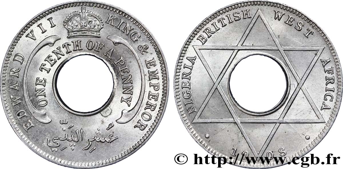 AFRIQUE OCCIDENTALE BRITANNIQUE 1/10 Penny frappe au nom d’Edouard VII 1908 Londres SPL 