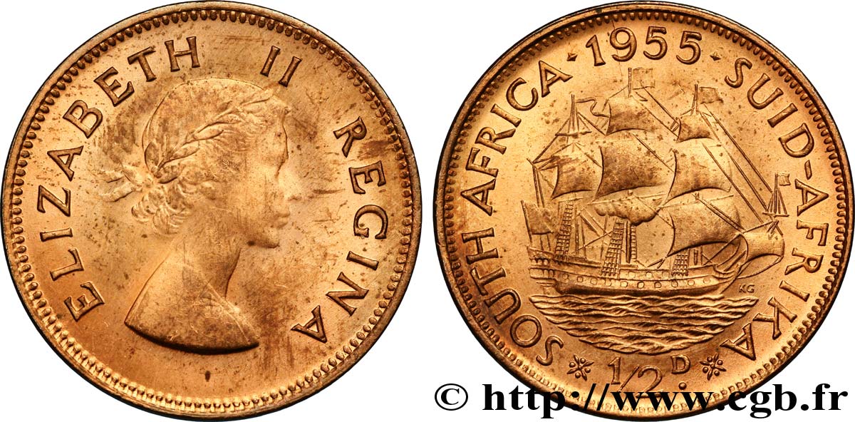 AFRIQUE DU SUD 1/2 Penny (Farthing) Elisabeth II / voilier 1955  SPL 