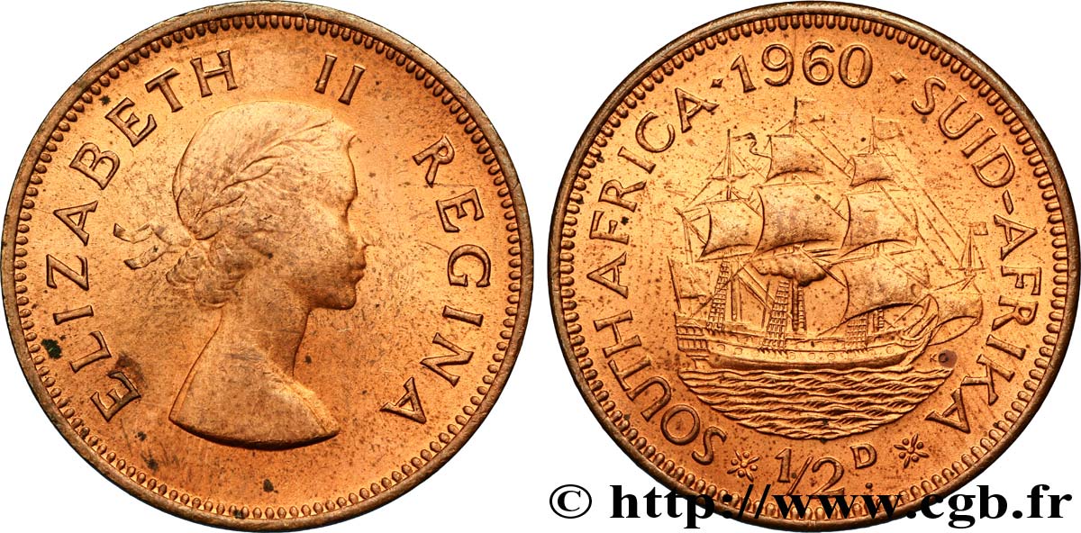 AFRIQUE DU SUD 1/2 Penny (Farthing) Elisabeth II / voilier 1960  SUP 