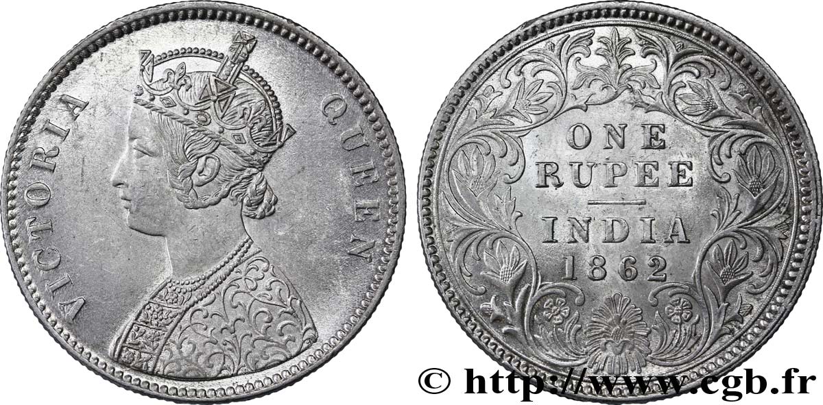 INDES BRITANNIQUES 1 Roupie (Rupee) Victoria buste B revers de type A II 0/0 1862  SUP 