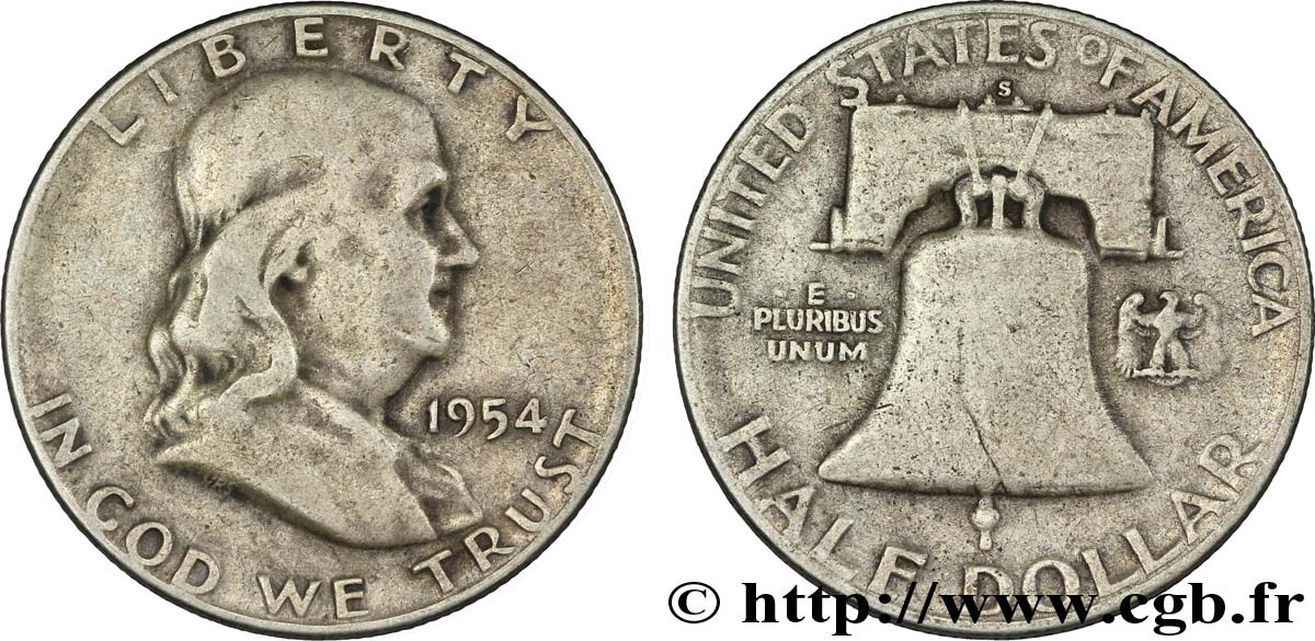 ÉTATS-UNIS D AMÉRIQUE 1/2 Dollar Benjamin Franklin 1954 San Francisco TB 