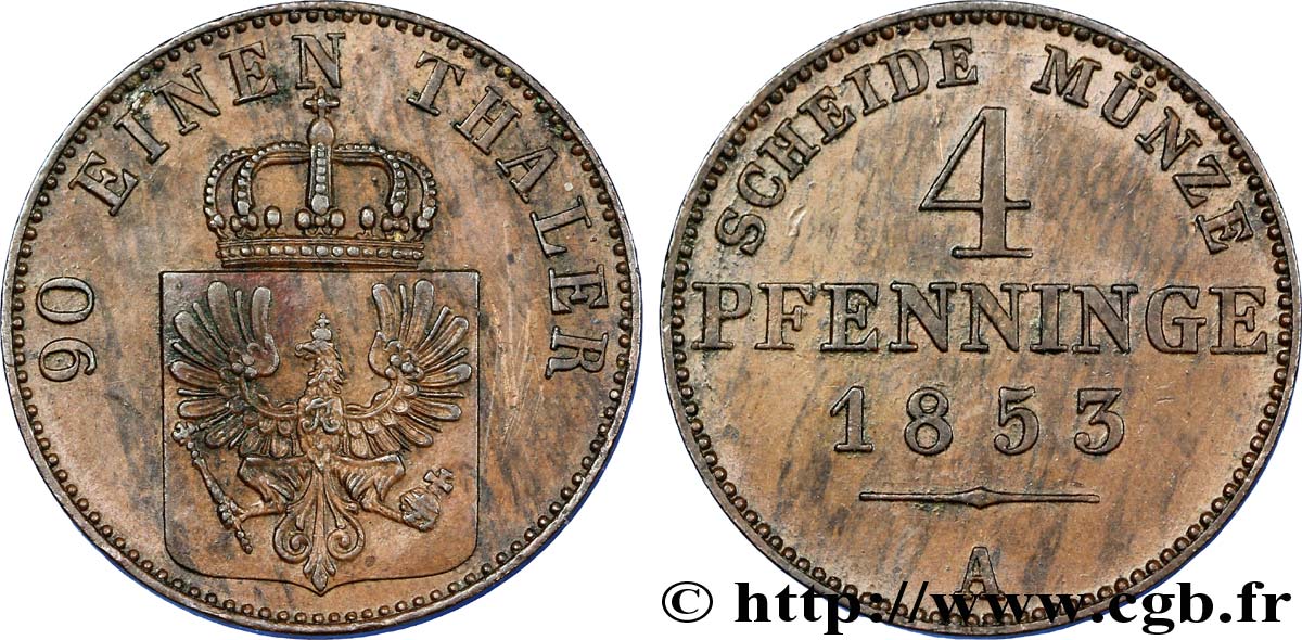 ALEMANIA - PRUSIA 4 Pfenninge Royaume de Prusse écu à l’aigle 1853 Berlin EBC 