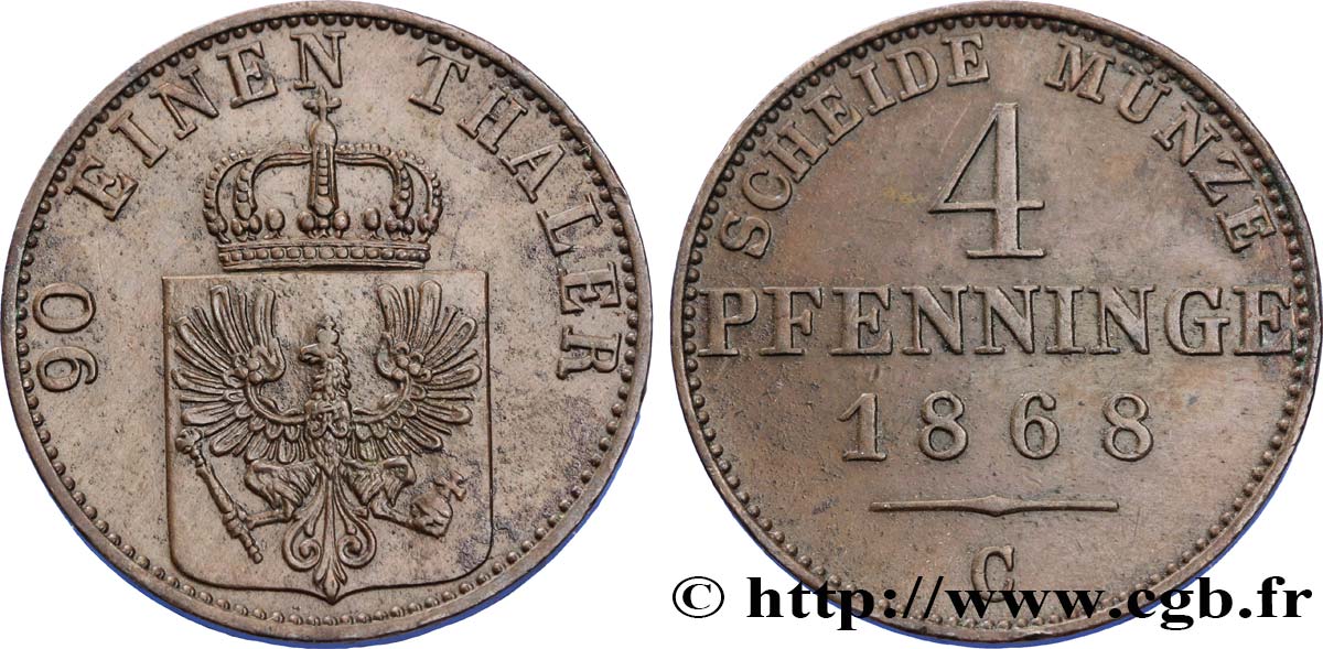 ALLEMAGNE - PRUSSE 4 Pfenninge Royaume de Prusse écu à l’aigle 1868 Francfort SUP 