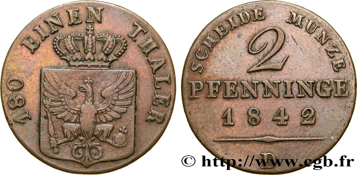 ALEMANIA - PRUSIA 2 Pfenninge Royaume de Prusse écu à l’aigle 1842 Düsseldorf - D MBC 