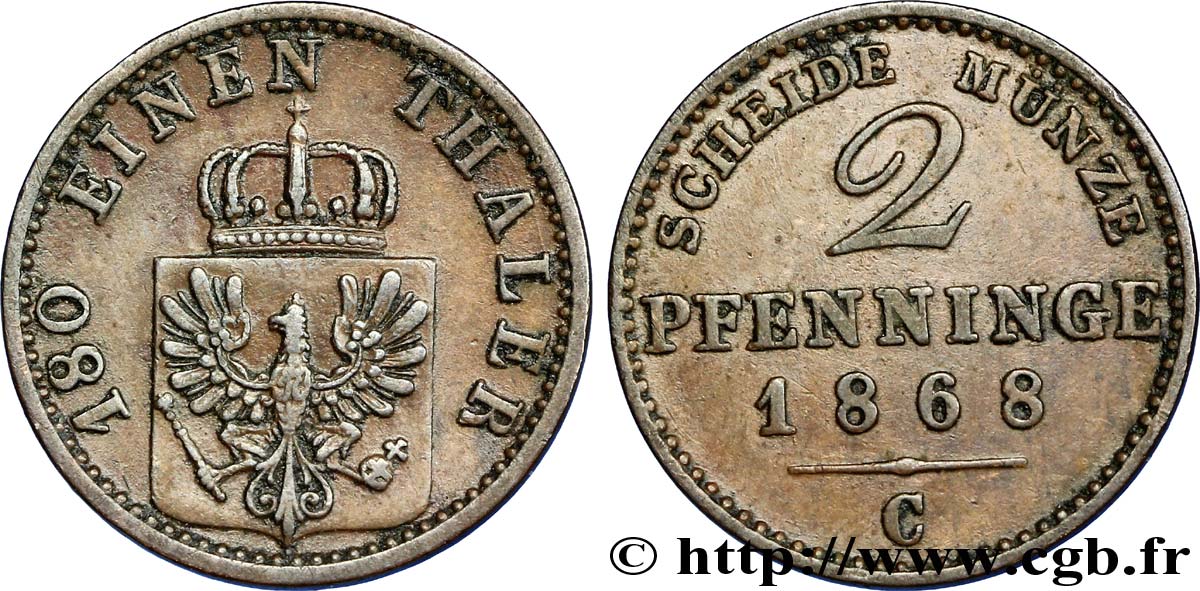 ALLEMAGNE - PRUSSE 2 Pfenninge Royaume de Prusse écu à l’aigle 1868 Francfort - C TTB+ 