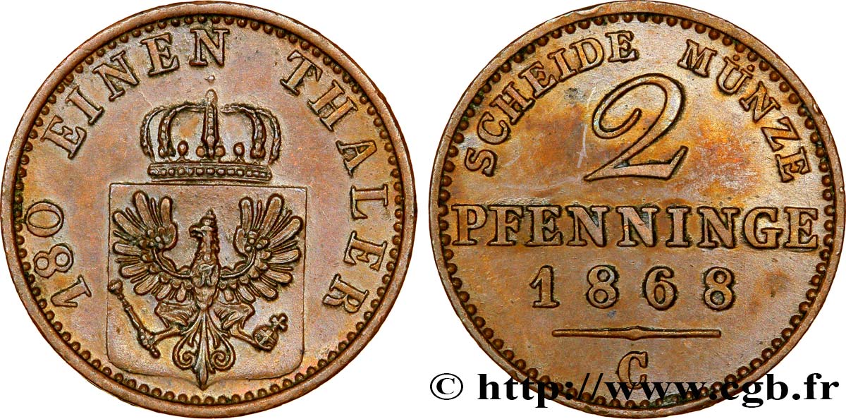 ALEMANIA - PRUSIA 2 Pfenninge Royaume de Prusse écu à l’aigle 1868 Francfort - C EBC 