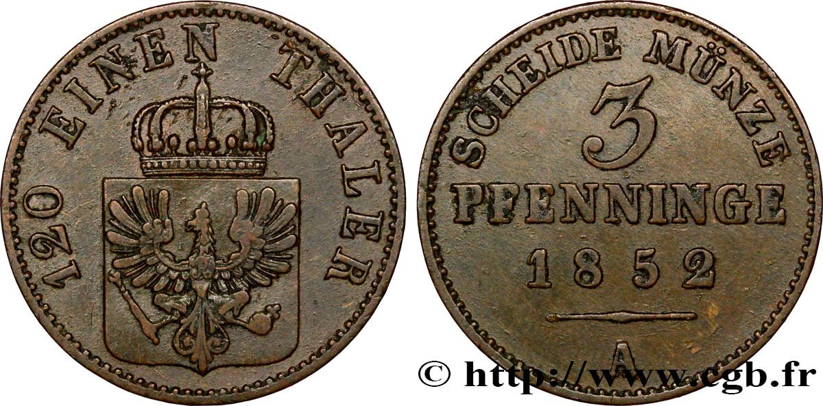 ALEMANIA - PRUSIA 3 Pfenninge Royaume de Prusse écu à l’aigle 1852 Berlin MBC 