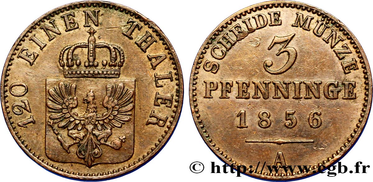 ALEMANIA - PRUSIA 3 Pfenninge Royaume de Prusse écu à l’aigle 1856 Berlin EBC 