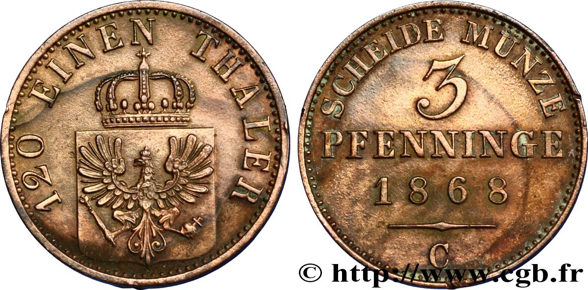 ALEMANIA - PRUSIA 3 Pfenninge Royaume de Prusse écu à l’aigle 1868 Francfort - C MBC+ 
