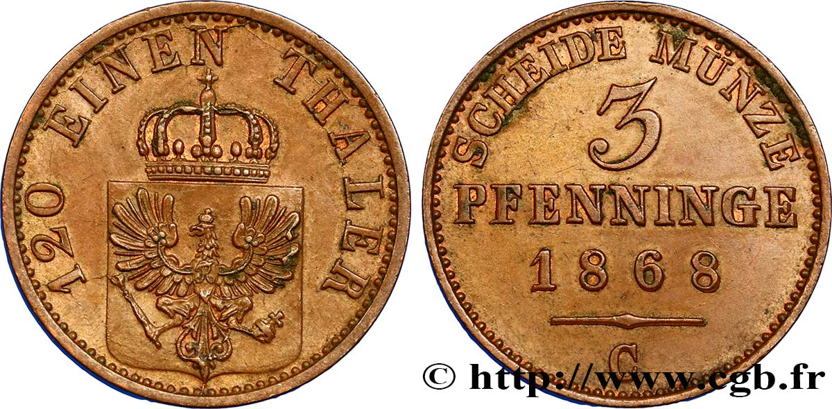 GERMANY - PRUSSIA 3 Pfenninge Royaume de Prusse écu à l’aigle 1868 Francfort AU 
