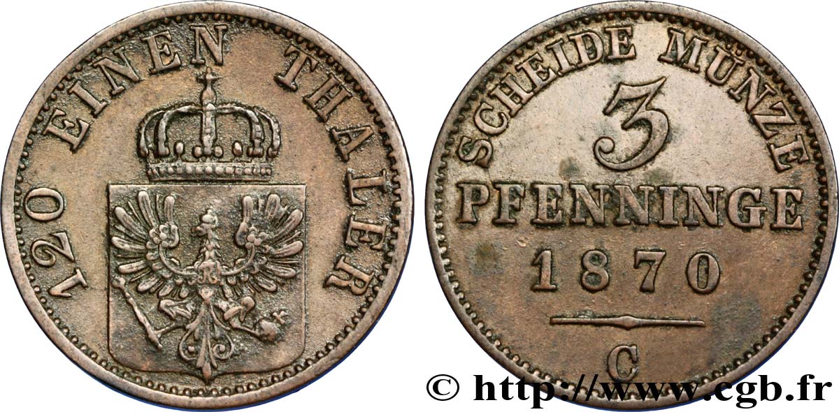 ALLEMAGNE - PRUSSE 3 Pfenninge Royaume de Prusse écu à l’aigle 1870 Francfort - C TTB+
 