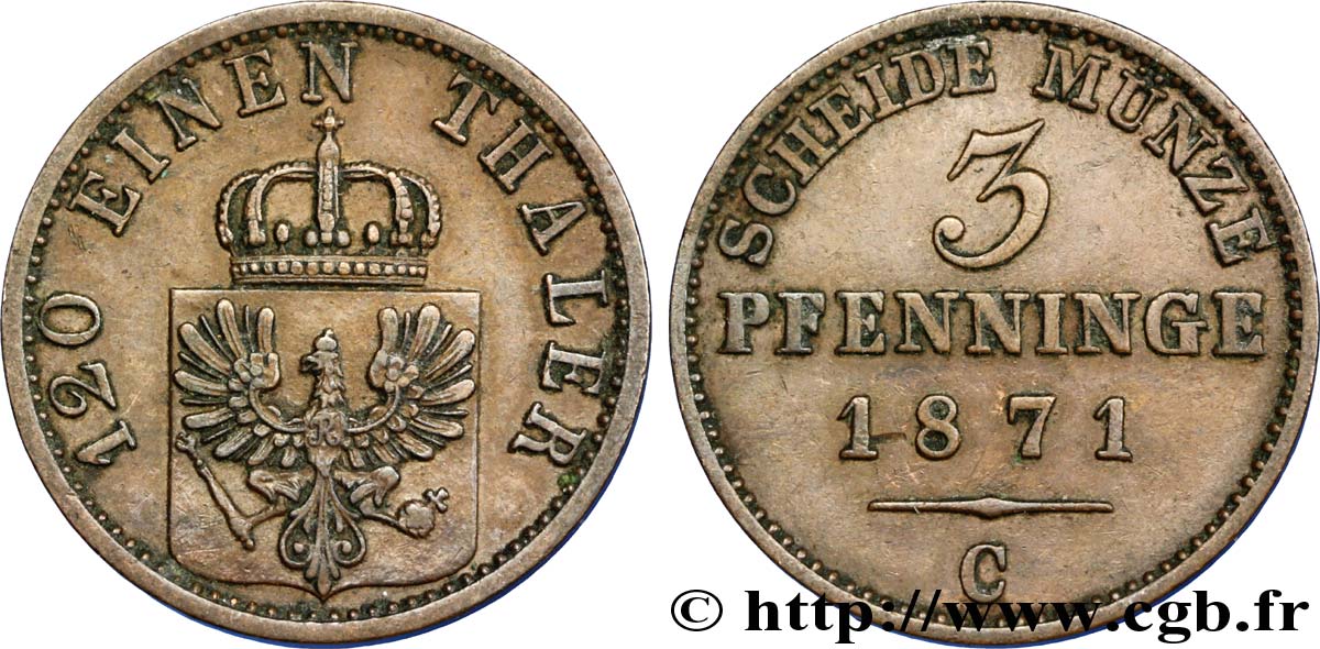 ALLEMAGNE - PRUSSE 3 Pfenninge Royaume de Prusse écu à l’aigle 1871 Francfort - C TTB+ 