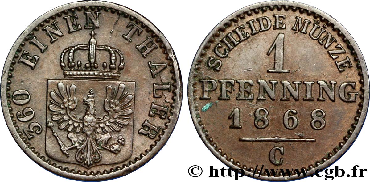 ALLEMAGNE - PRUSSE 1 Pfenninge Royaume de Prusse écu à l’aigle 1868 Francfort - C TTB+ 