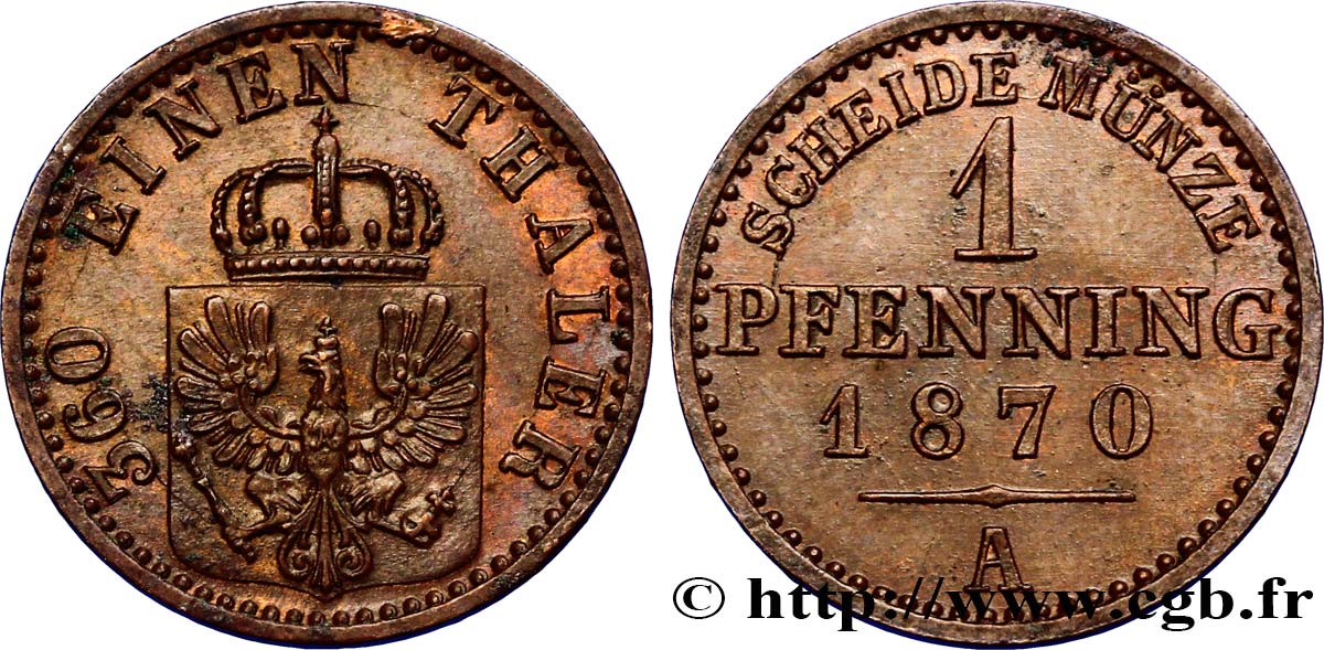 ALEMANIA - PRUSIA 1 Pfenninge Royaume de Prusse écu à l’aigle 1870 Berlin EBC 