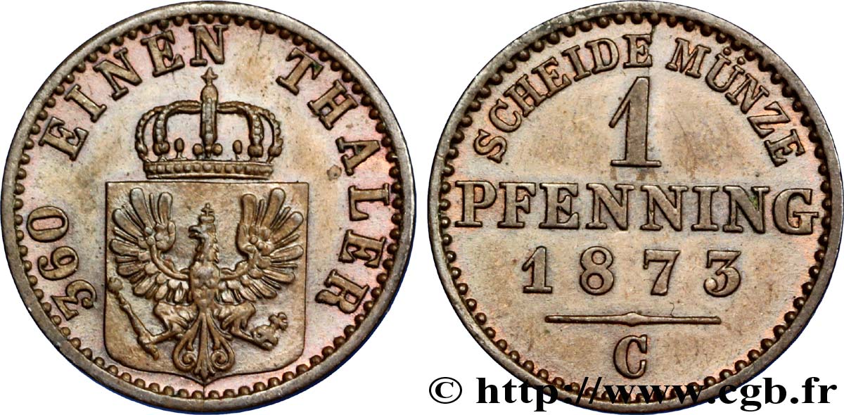 ALLEMAGNE - PRUSSE 1 Pfenninge Royaume de Prusse écu à l’aigle 1873 Francfort - C SUP 