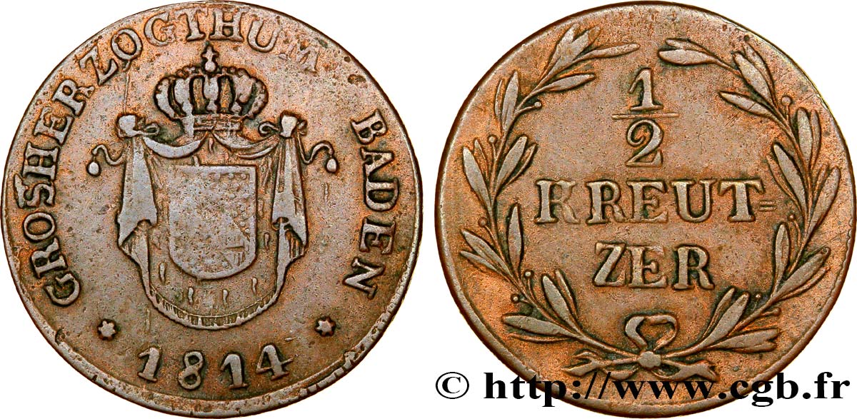 GERMANY - BADEN 1/2 Kreuzer Grand-Duché de Bade 1814 Mannheim XF 