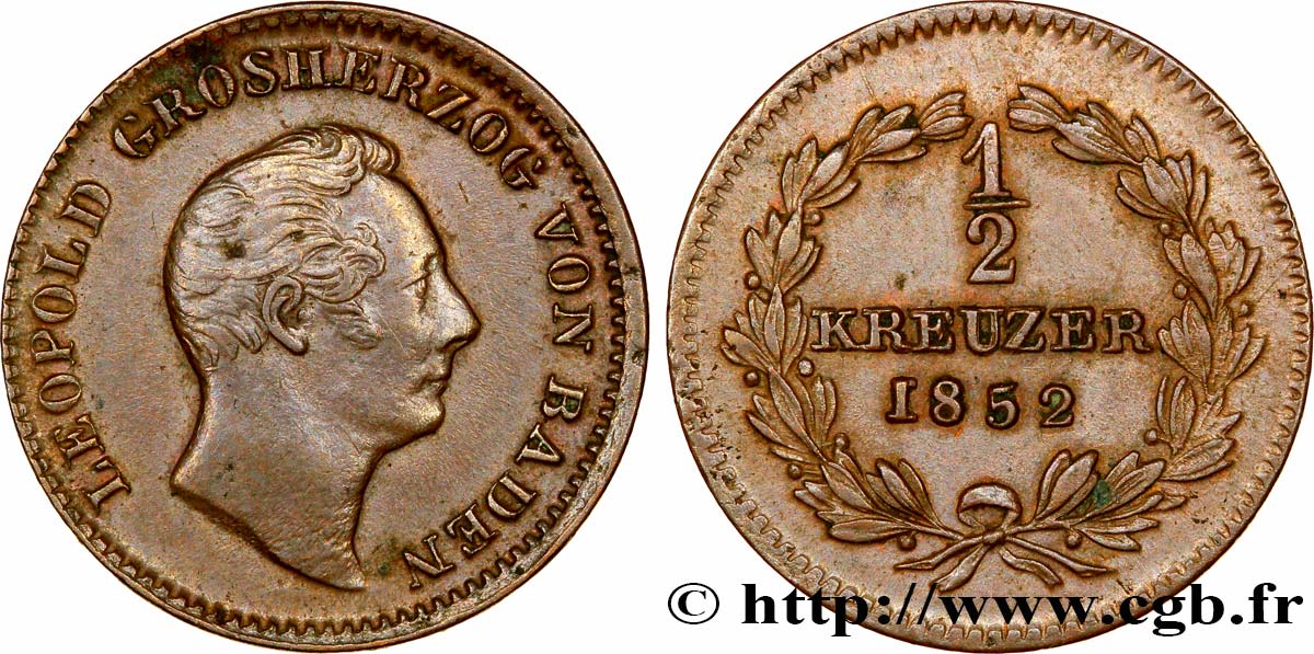 ALEMANIA - BADEN 1/2 Kreuzer Léopold Grand-Duc de Bade 1852  MBC+ 