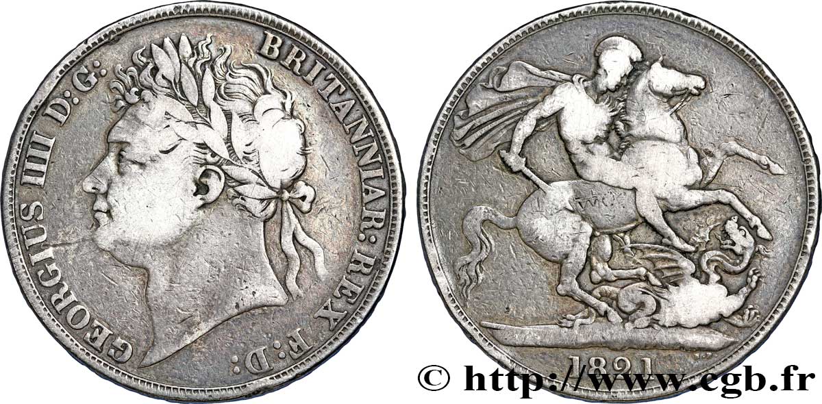 ROYAUME-UNI 1 Crown Georges IIII / St Georges terrassant le dragon variété “SECUNDO” 1821  TB 