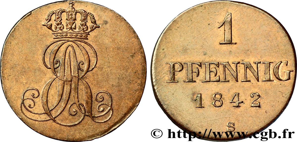 ALLEMAGNE - HANOVRE 1 Pfennig Royaume de Hanovre monograme EAR (roi Ernest-Auguste) 1842  SUP 