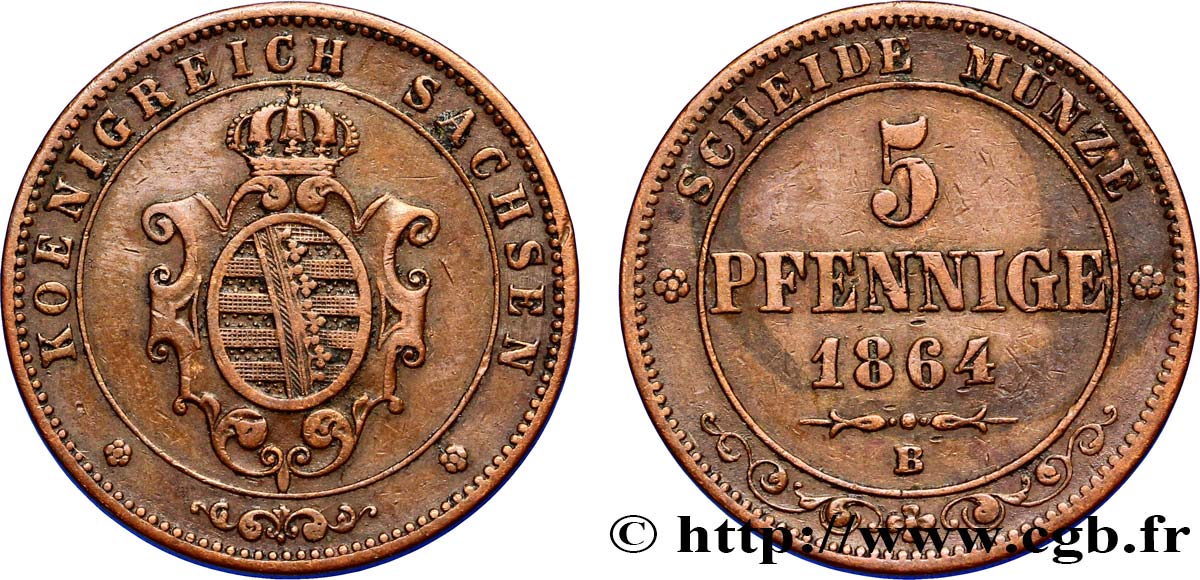 DEUTSCHLAND - SACHSEN 5 Pfennige Royaume de Saxe, blason 1864 Dresde SS 