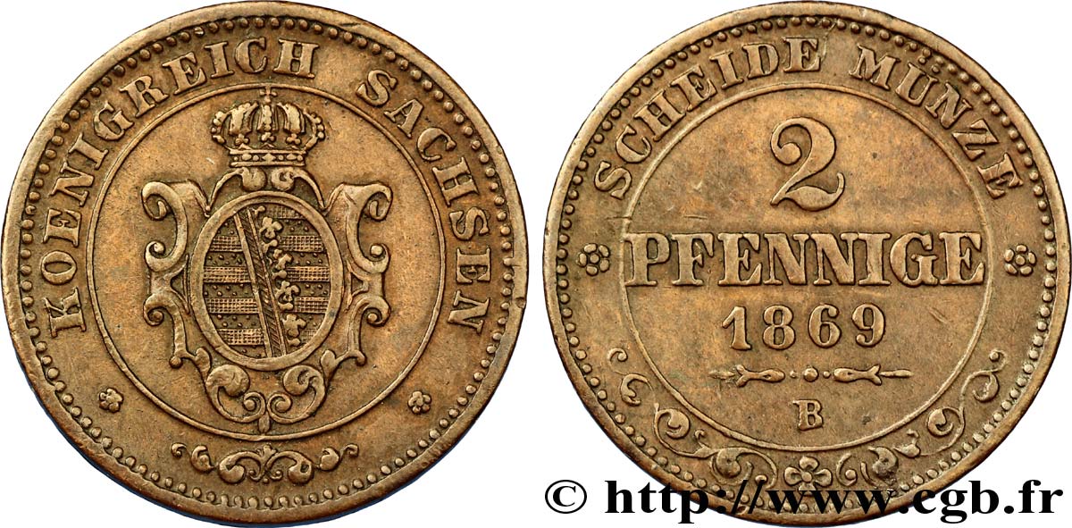 ALLEMAGNE - SAXE 2 Pfennige Royaume de Saxe, blason 1869 Dresde TTB+ 