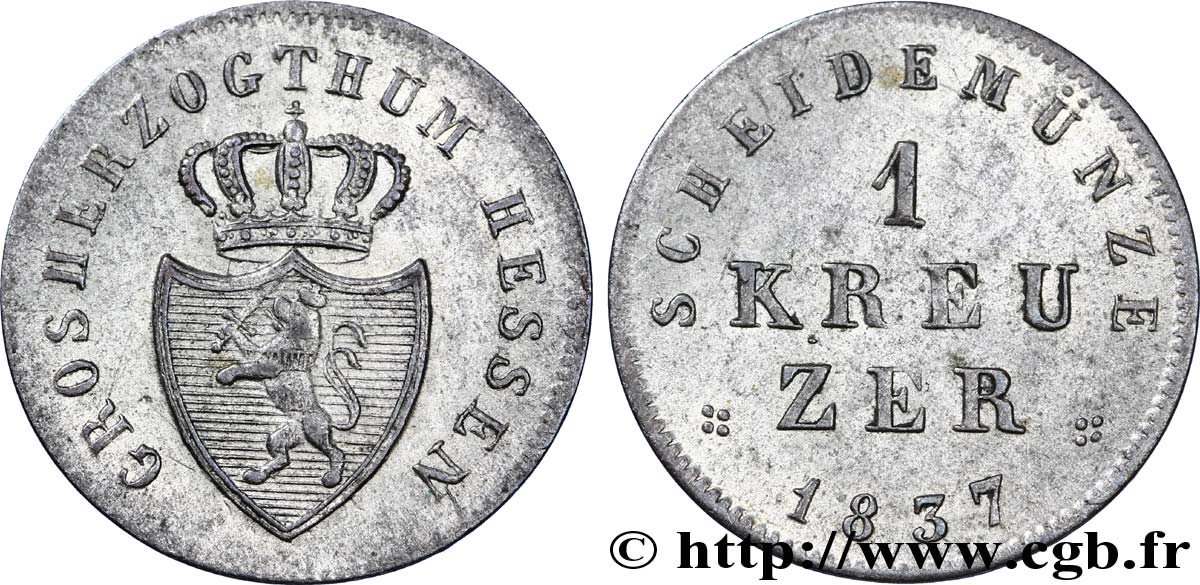 ALLEMAGNE - HESSE 1 Kreuzer Louis II de Hesse-Darmstadt 1837  SUP 
