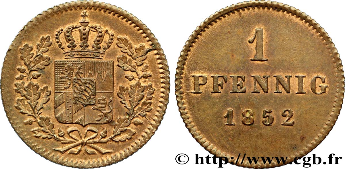 ALLEMAGNE - BAVIÈRE 1 Pfennig Royaume de Bavière, écu couronné 1852  SUP 