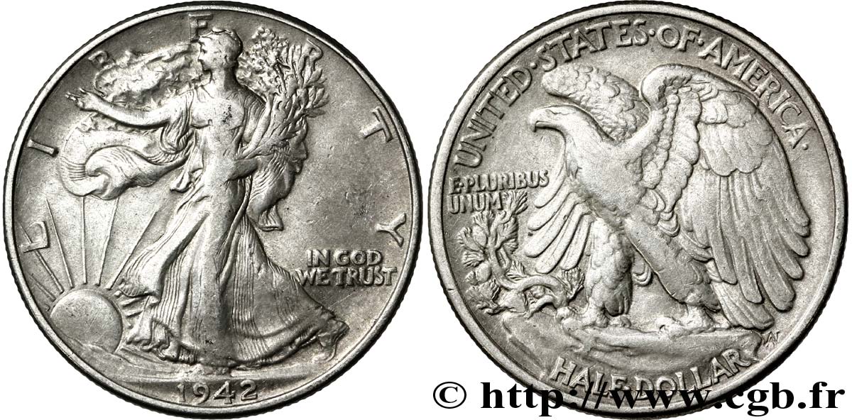 ÉTATS-UNIS D AMÉRIQUE 1/2 Dollar Walking Liberty 1942 Philadelphie TB+ 
