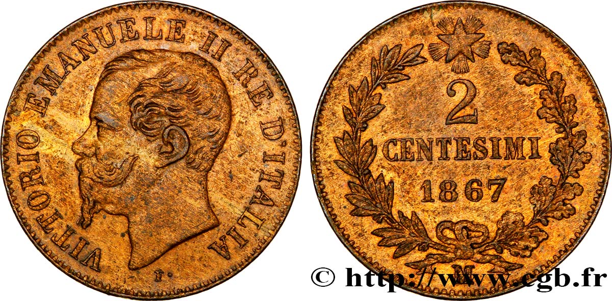 ITALY 2 Centesimi Victor Emmanuel II 1867 Milan - M AU 
